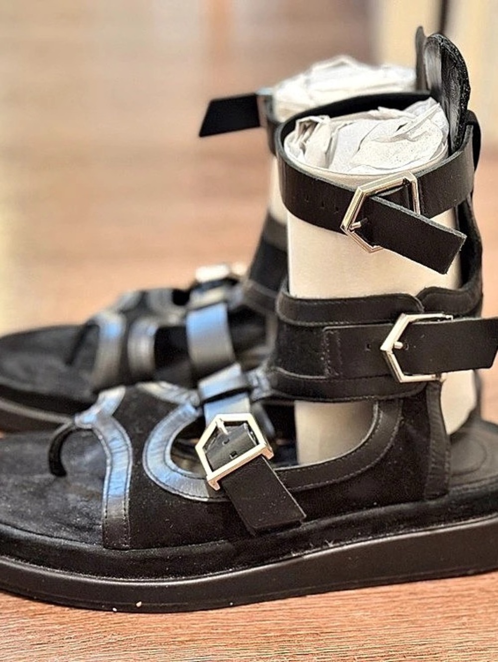ZARA SRPLS Black Leather Ankle Strap Gladiator Sandals EU 37 US 6.5